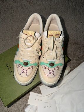 Gucci Screener Sneakers GG Crystals Beige Green Orange Womens